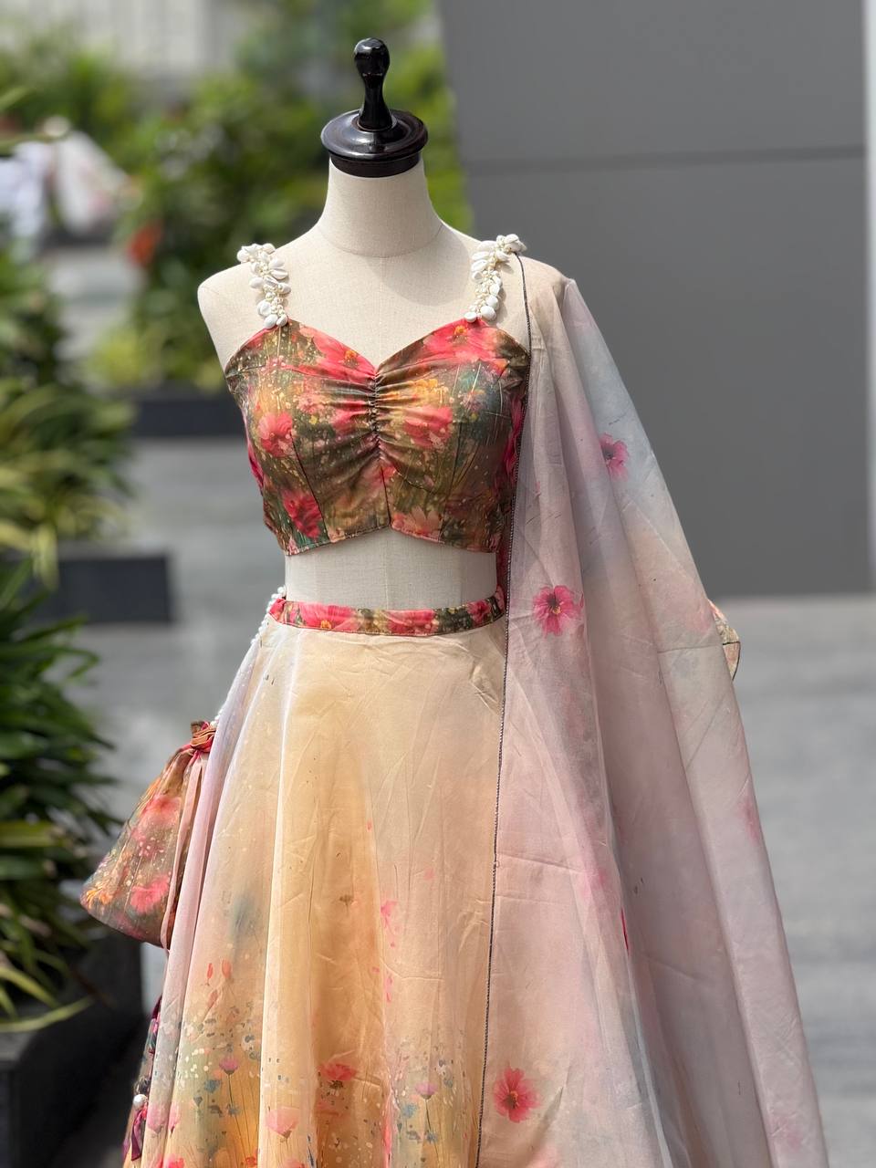 Wedding Wear Pure Organza Floral Digital Print Lehenga Set And Potli Bag