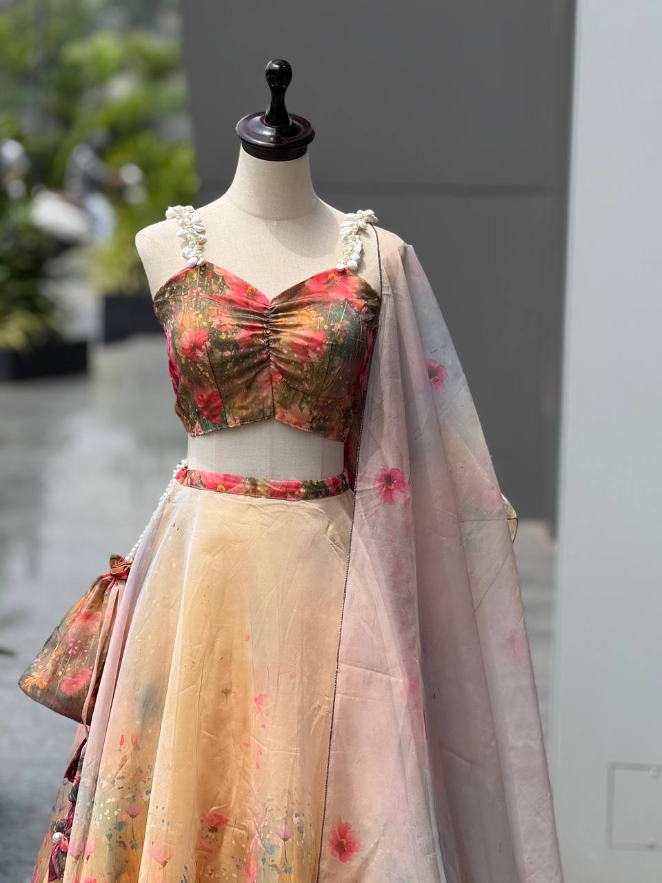 Wedding Wear Pure Organza Floral Digital Print Lehenga Set And Potli Bag