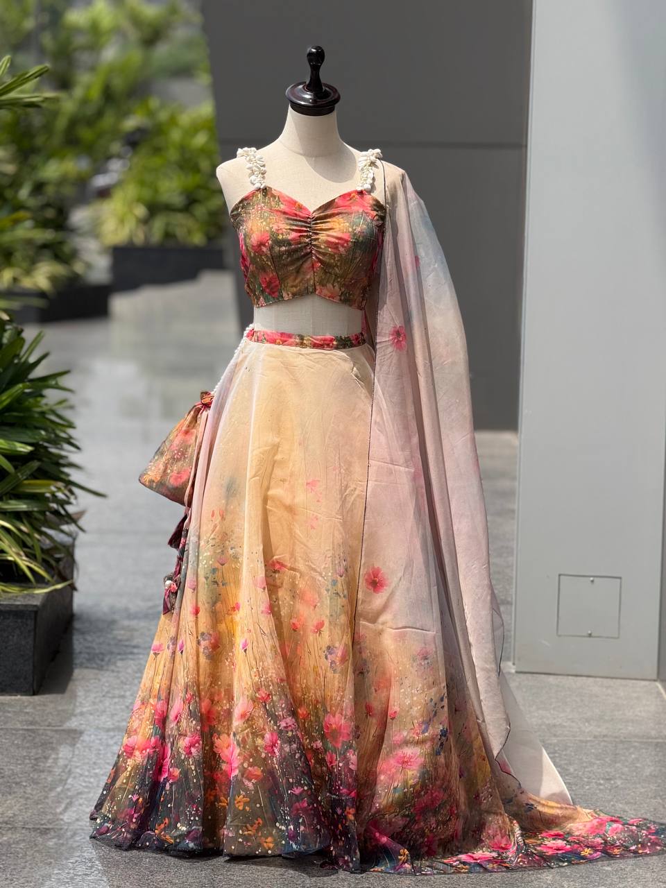 Wedding Wear Pure Organza Floral Digital Print Lehenga Set And Potli Bag