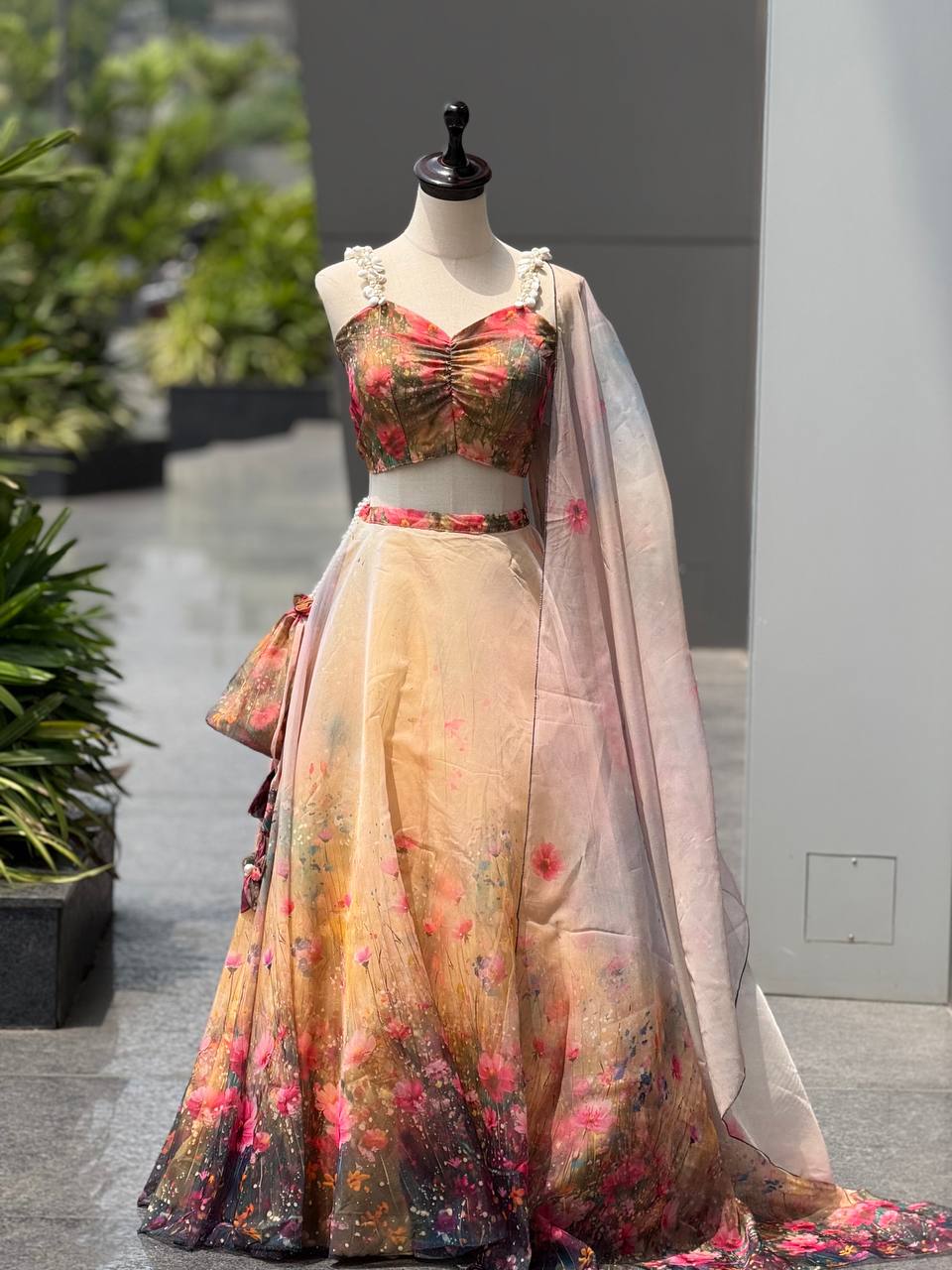 Wedding Wear Pure Organza Floral Digital Print Lehenga Set And Potli Bag