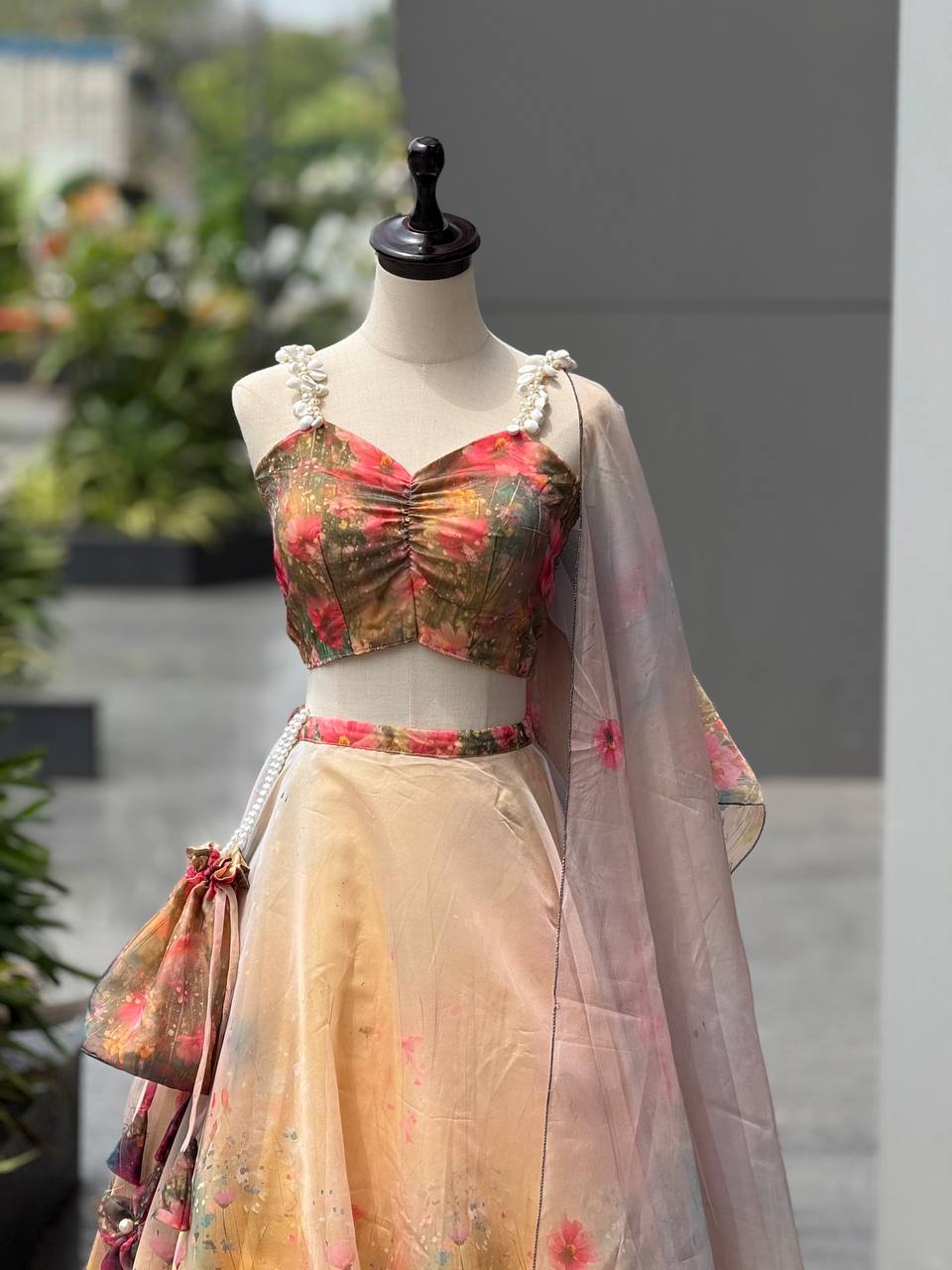 Wedding Wear Pure Organza Floral Digital Print Lehenga Set And Potli Bag