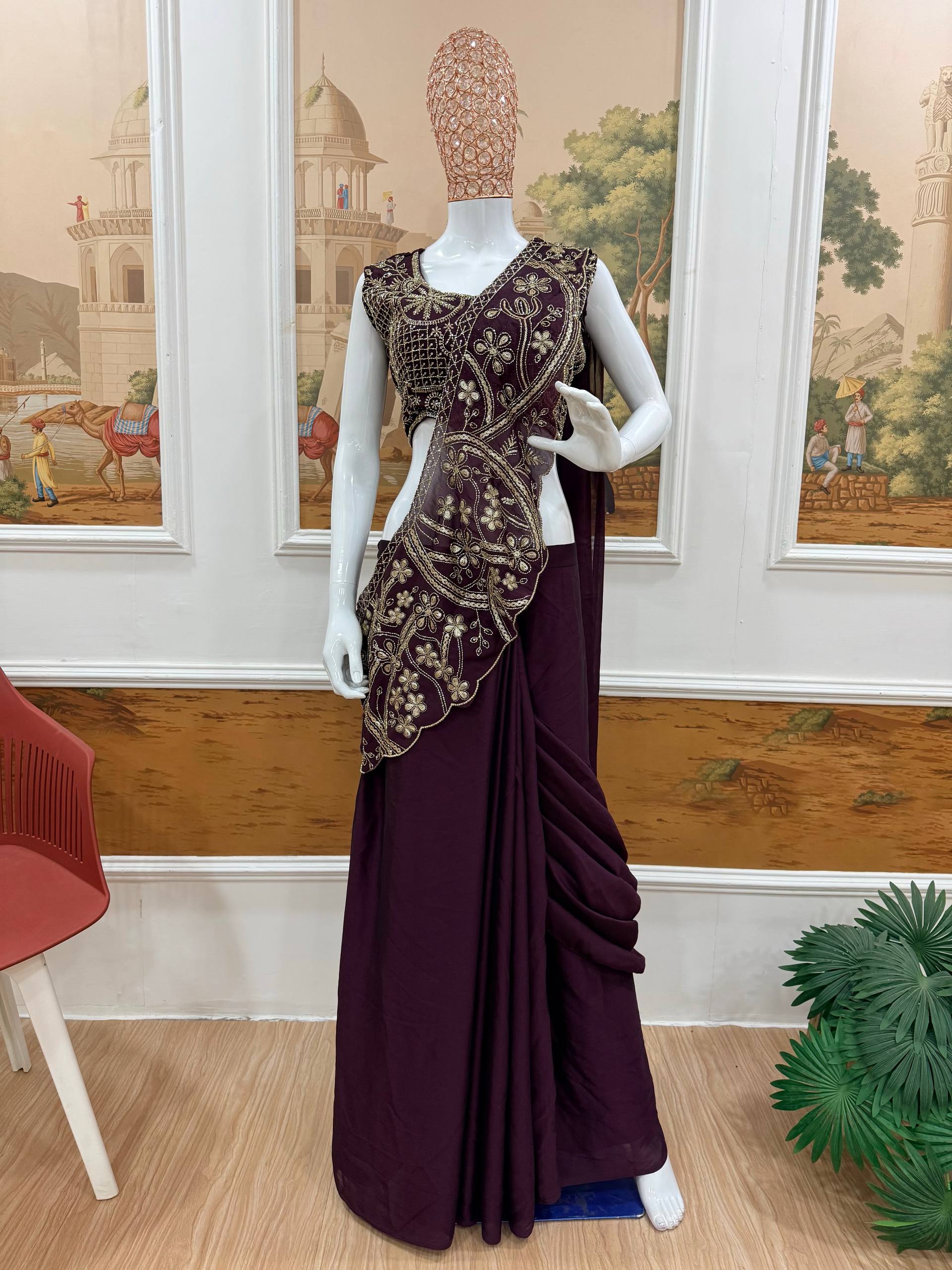 Wedding Wear Purple Color Thread Work Rangoli Silk Lehenga Saree