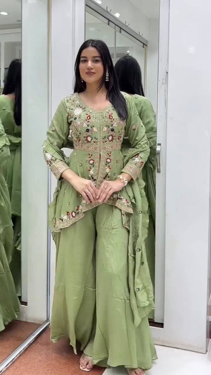 Designer Indo-Western sharara Suit Set for Women – Sequin Embroidered Rangoli Silk Outfit with Dupatta | Party Wear for Wedding, Sangeet & Farewell