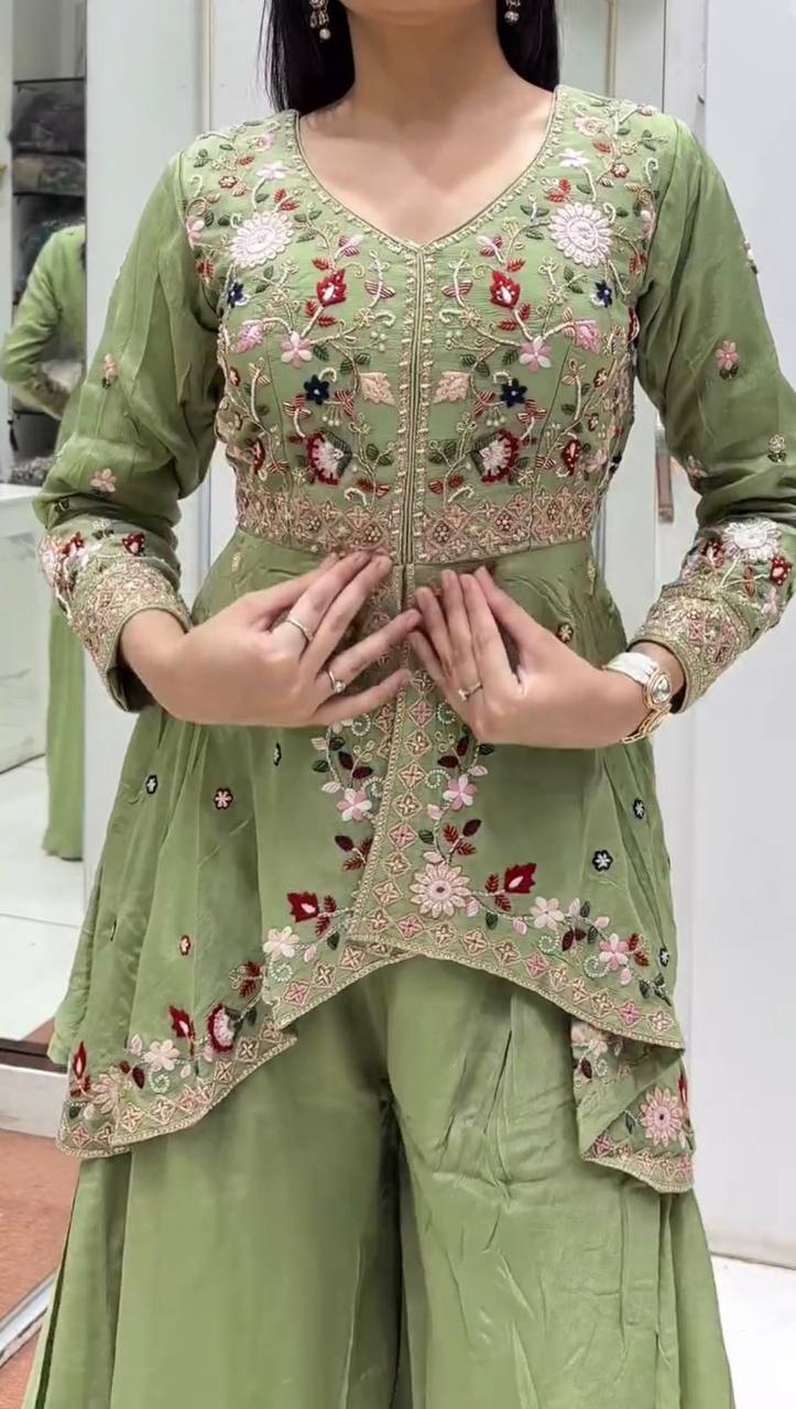 Designer Indo-Western sharara Suit Set for Women – Sequin Embroidered Rangoli Silk Outfit with Dupatta | Party Wear for Wedding, Sangeet & Farewell