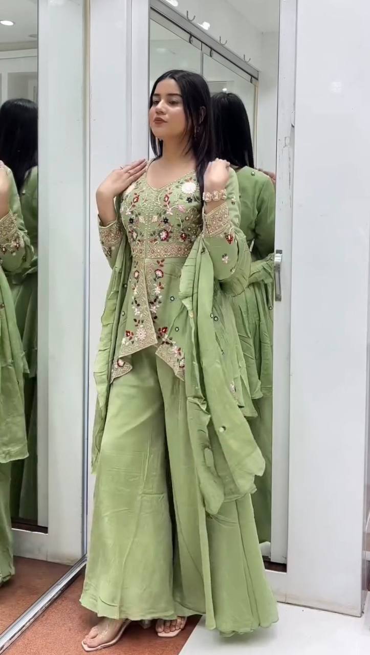 Designer Indo-Western sharara Suit Set for Women – Sequin Embroidered Rangoli Silk Outfit with Dupatta | Party Wear for Wedding, Sangeet & Farewell
