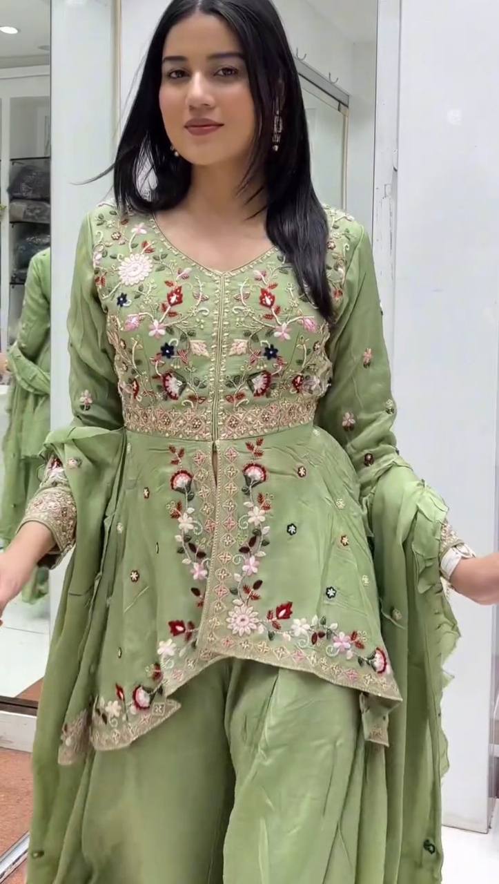 Designer Indo-Western sharara Suit Set for Women – Sequin Embroidered Rangoli Silk Outfit with Dupatta | Party Wear for Wedding, Sangeet & Farewell