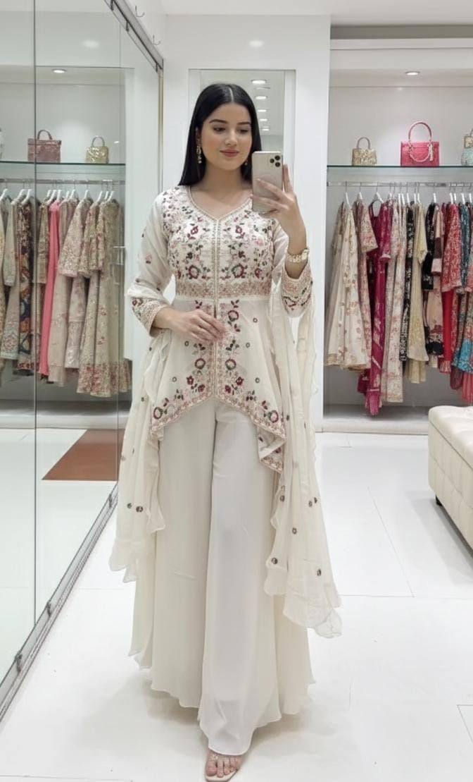 Designer Indo-Western sharara Suit Set for Women – Sequin Embroidered Rangoli Silk Outfit with Dupatta | Party Wear for Wedding, Sangeet & Farewell