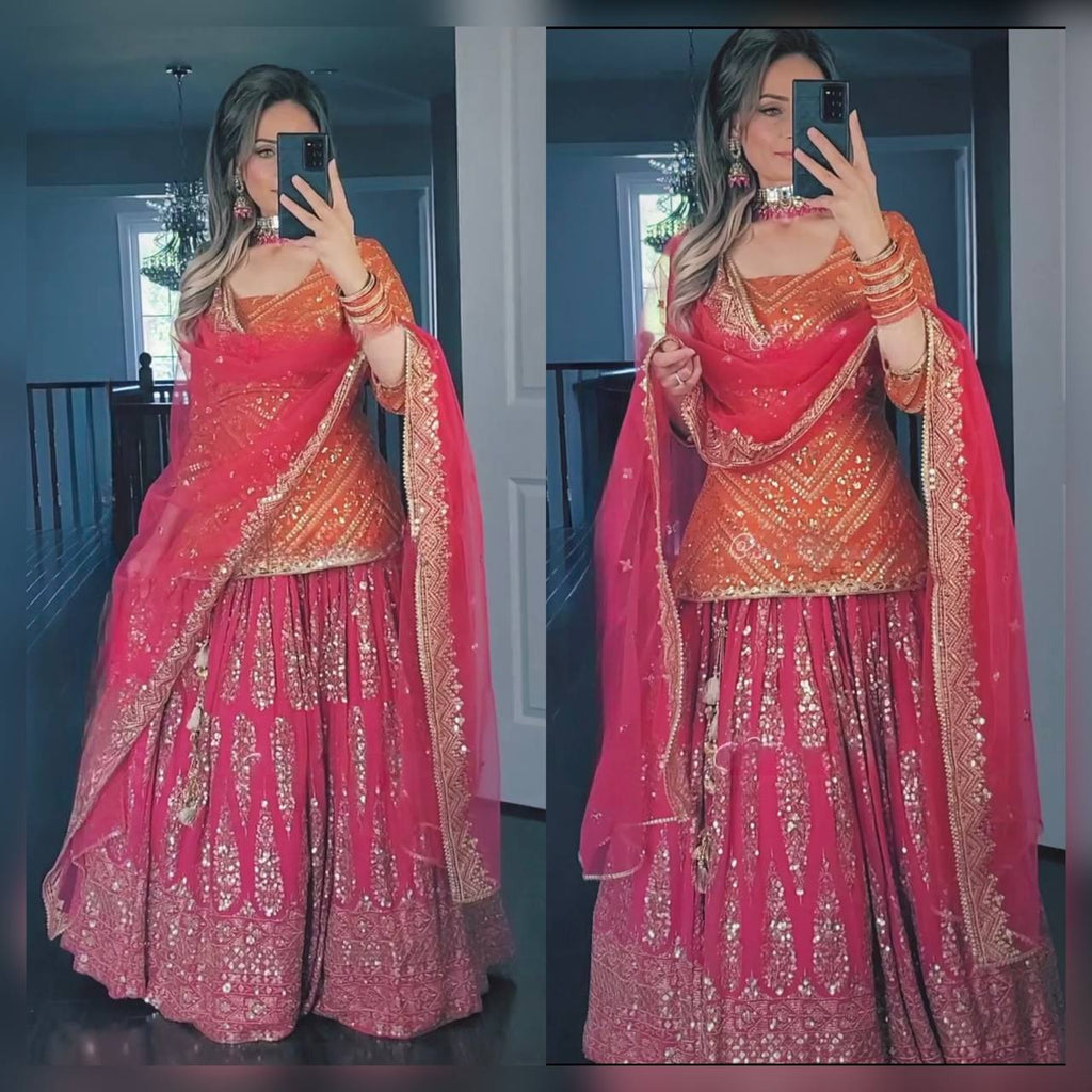 Designer Heavy Embroidered Wedding Wear Orange Top WIth Pink Lehenga Set