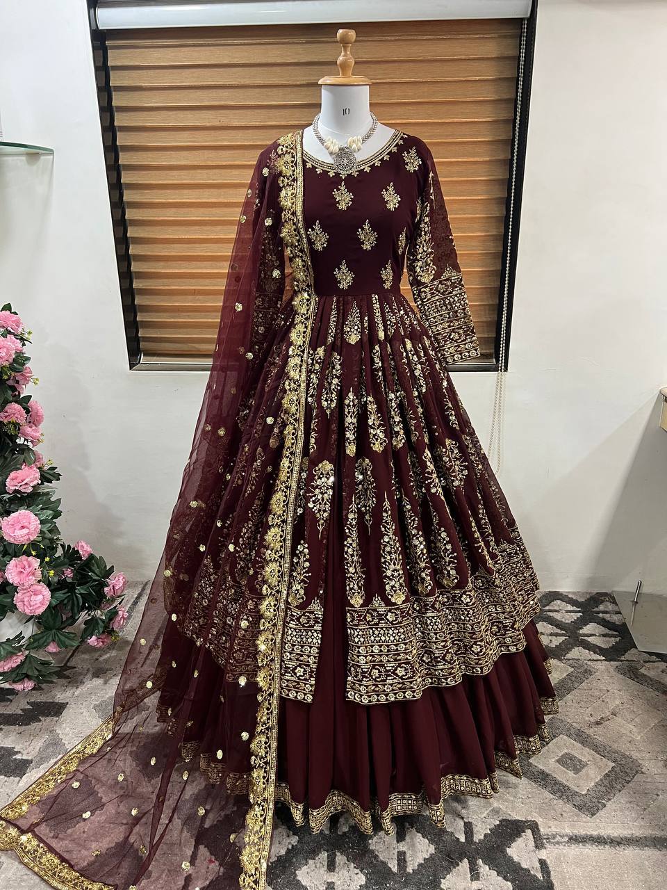 Wedding Wear Maroon Color Faux Georgette With Heavy Embroidery Sequence Work Lehenga Suit