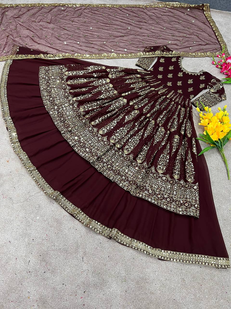 Wedding Wear Maroon Color Faux Georgette With Heavy Embroidery Sequence Work Lehenga Suit