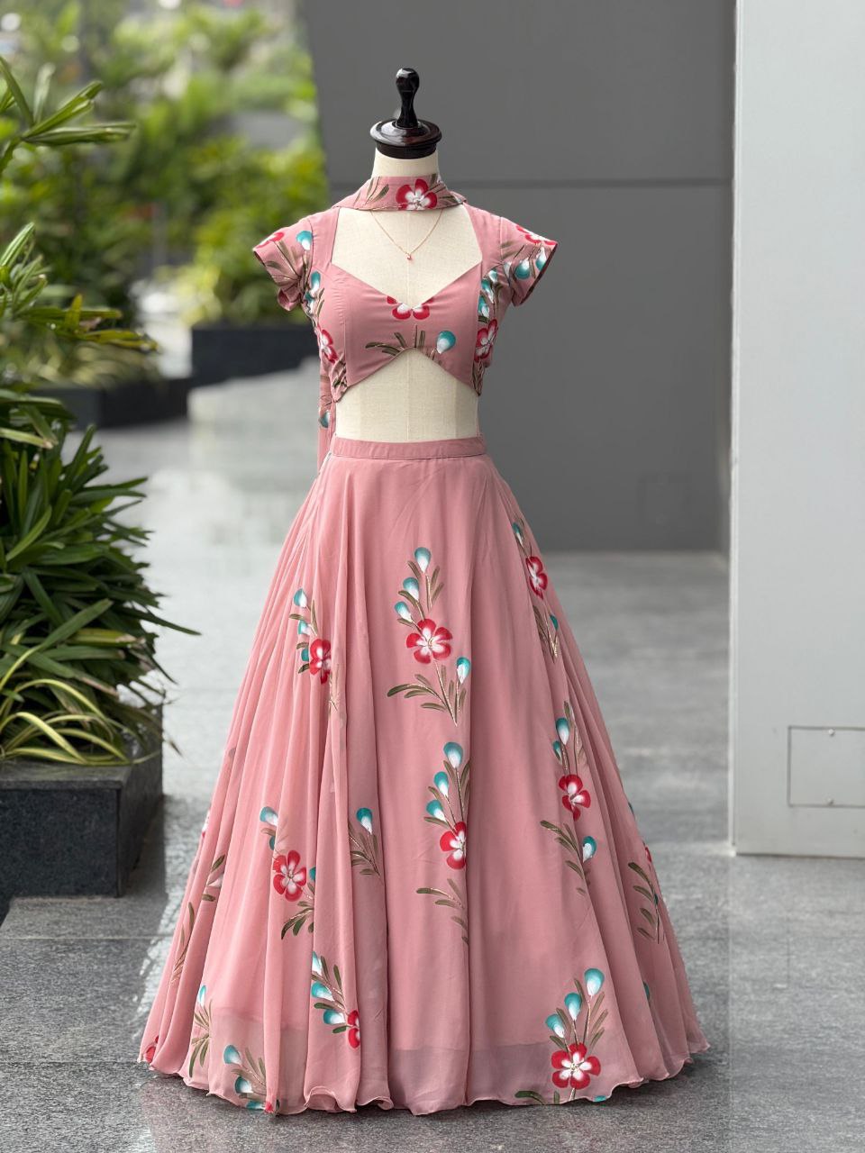 Wedding Wear Peach Color Hand-Painted Georgette Lehenga Set