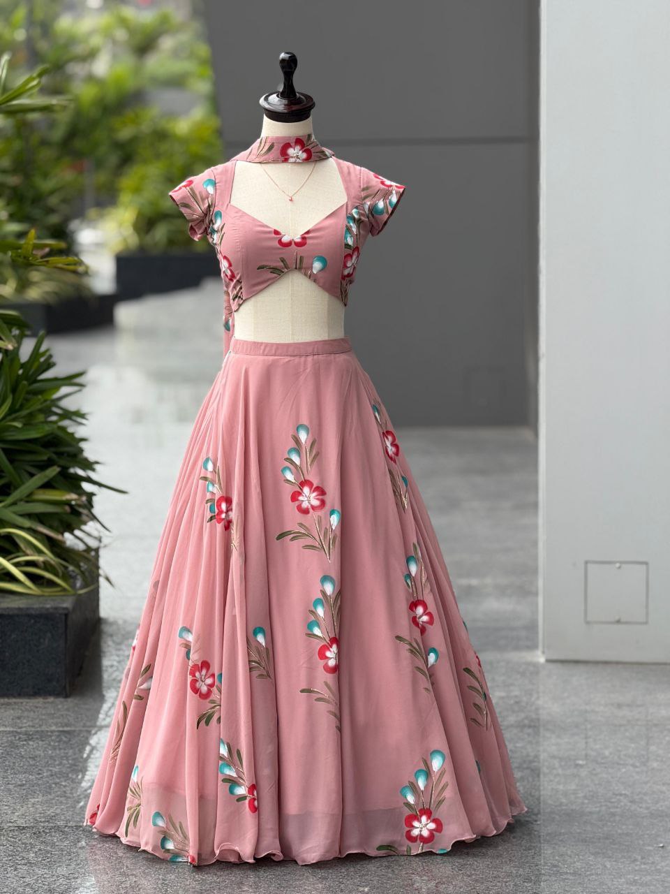 Wedding Wear Peach Color Hand-Painted Georgette Lehenga Set
