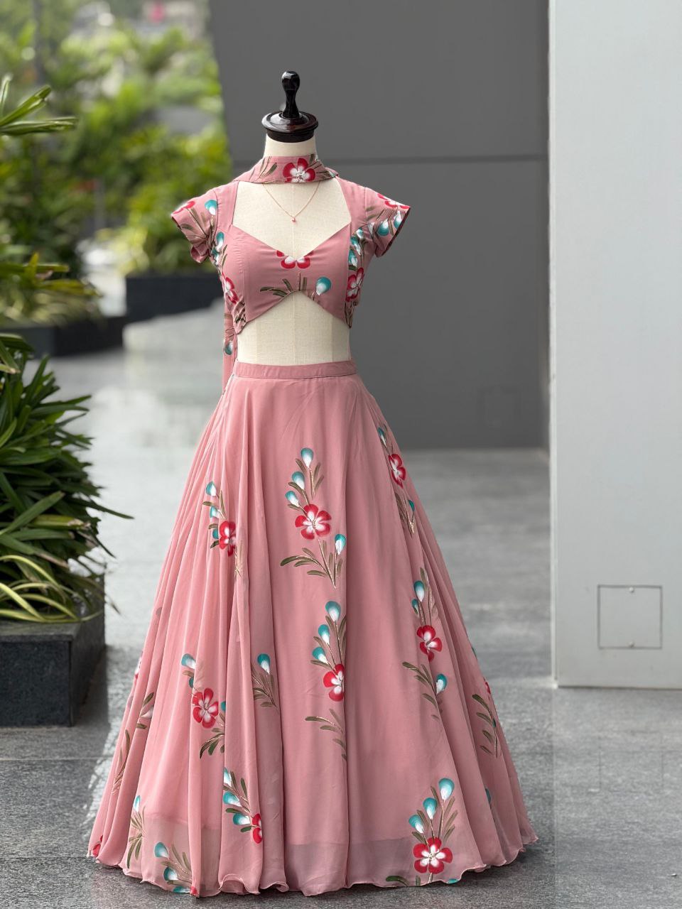 Wedding Wear Peach Color Hand-Painted Georgette Lehenga Set