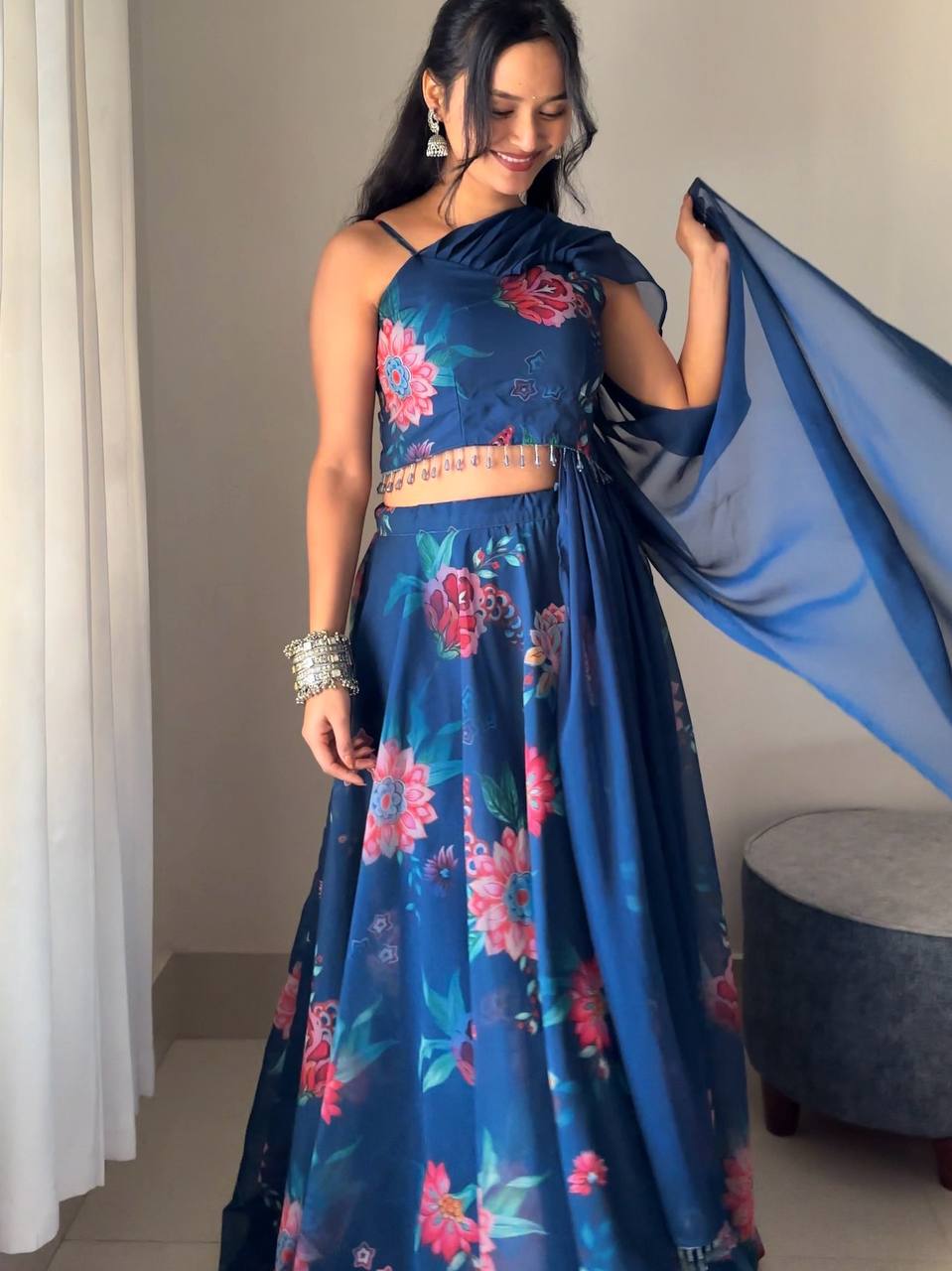 Party Wear Blue color Georgette Floral Printed  Designer Lehenga Choli