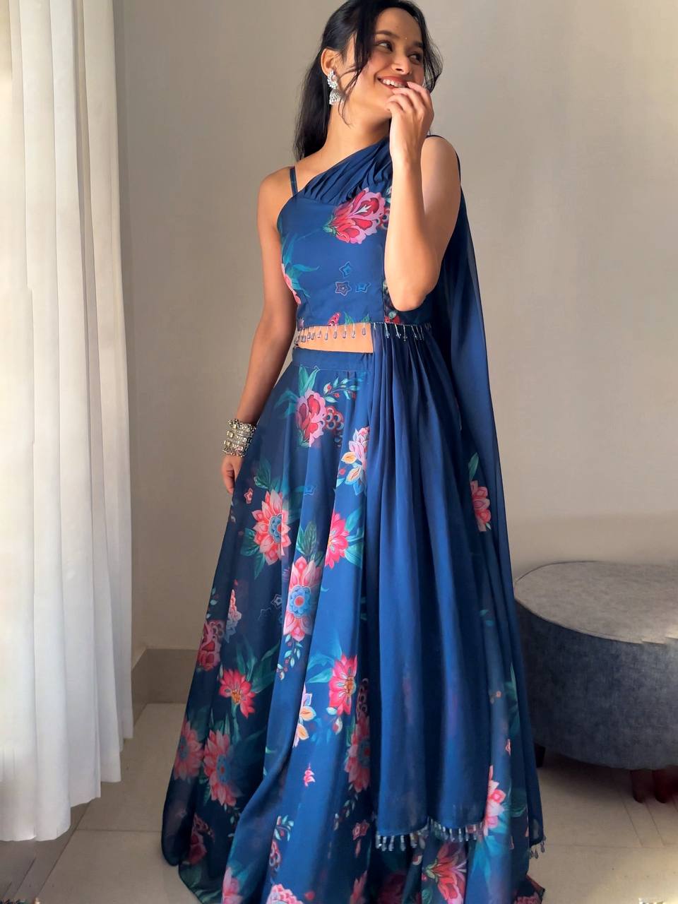 Party Wear Blue color Georgette Floral Printed  Designer Lehenga Choli