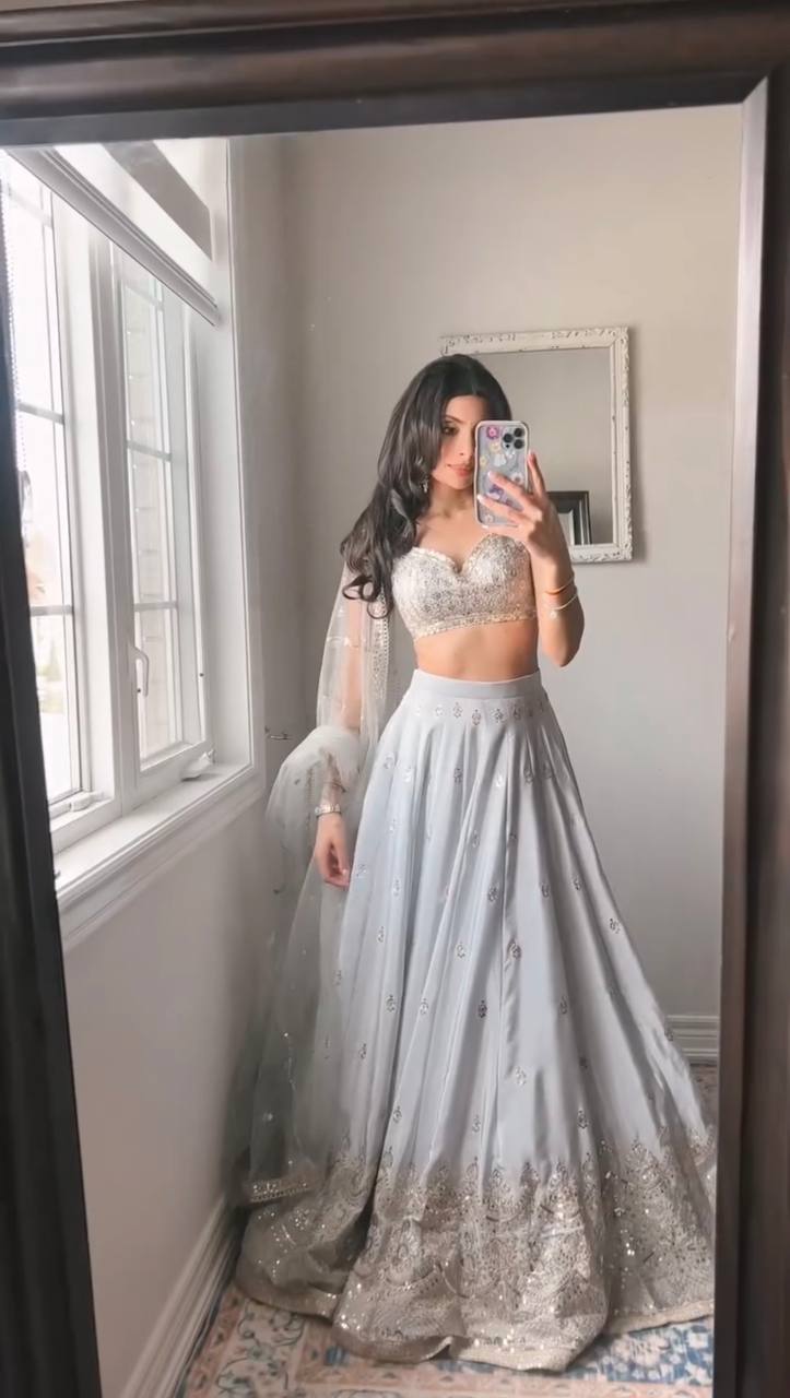 Party Wear Grey Color Japan Satin Lehenga Set