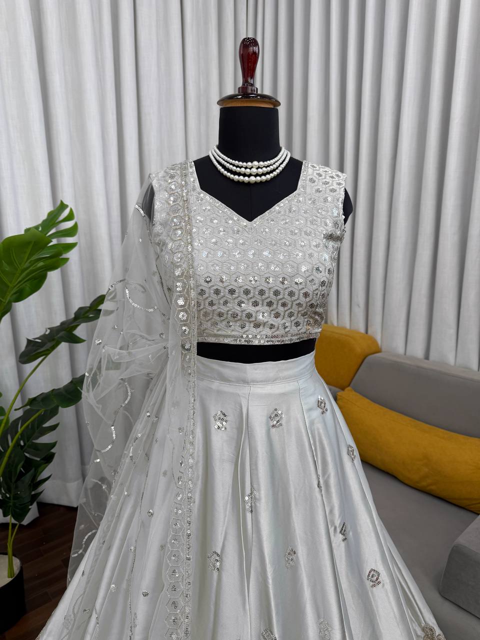 Party Wear Grey Color Japan Satin Lehenga Set