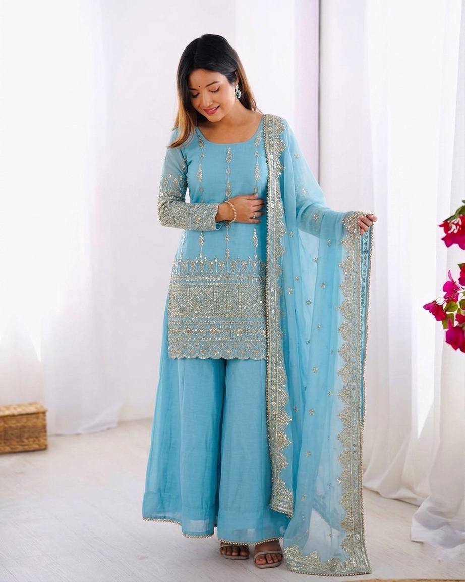 Elegance in Aqua: Traditional Charm | Sharara Set For Women
