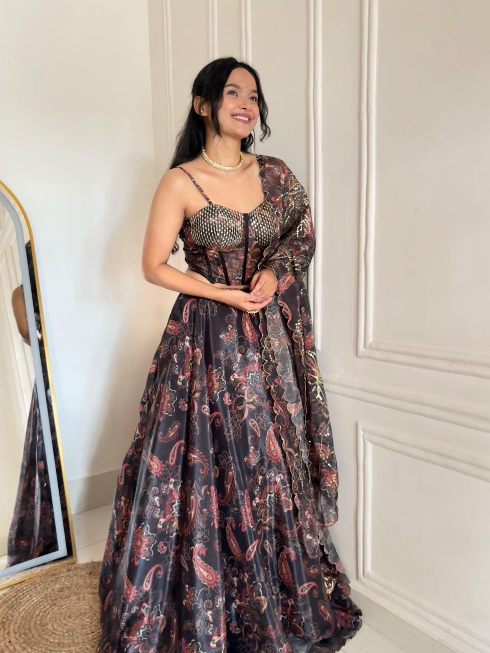 Black Color Organza Fully Stitched Lehenga Set With Corset Blouse