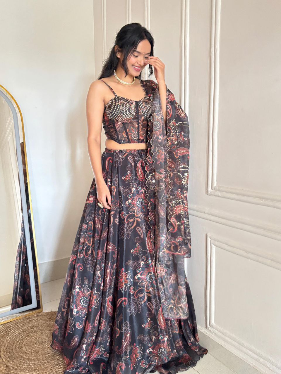 Black Color Organza Fully Stitched Lehenga Set With Corset Blouse