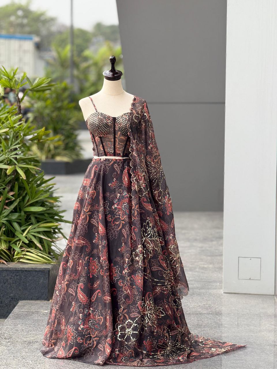 Wedding Wear Black Color Fully Stitched Lehenga Set With Corset Blouse