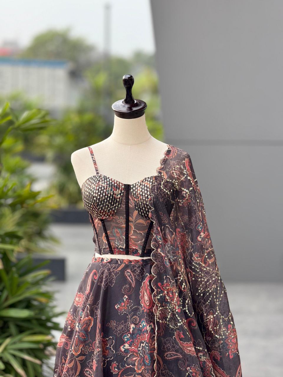 Wedding Wear Black Color Fully Stitched Lehenga Set With Corset Blouse