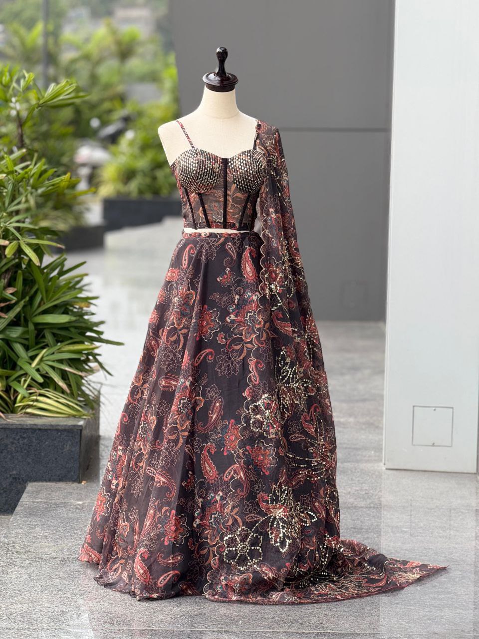Wedding Wear Black Color Fully Stitched Lehenga Set With Corset Blouse