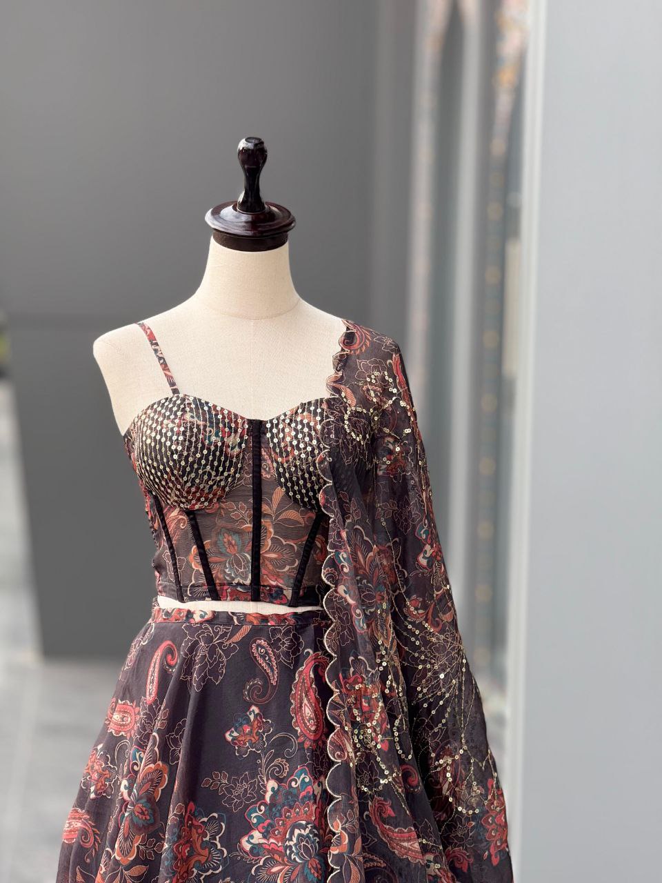 Wedding Wear Black Color Fully Stitched Lehenga Set With Corset Blouse