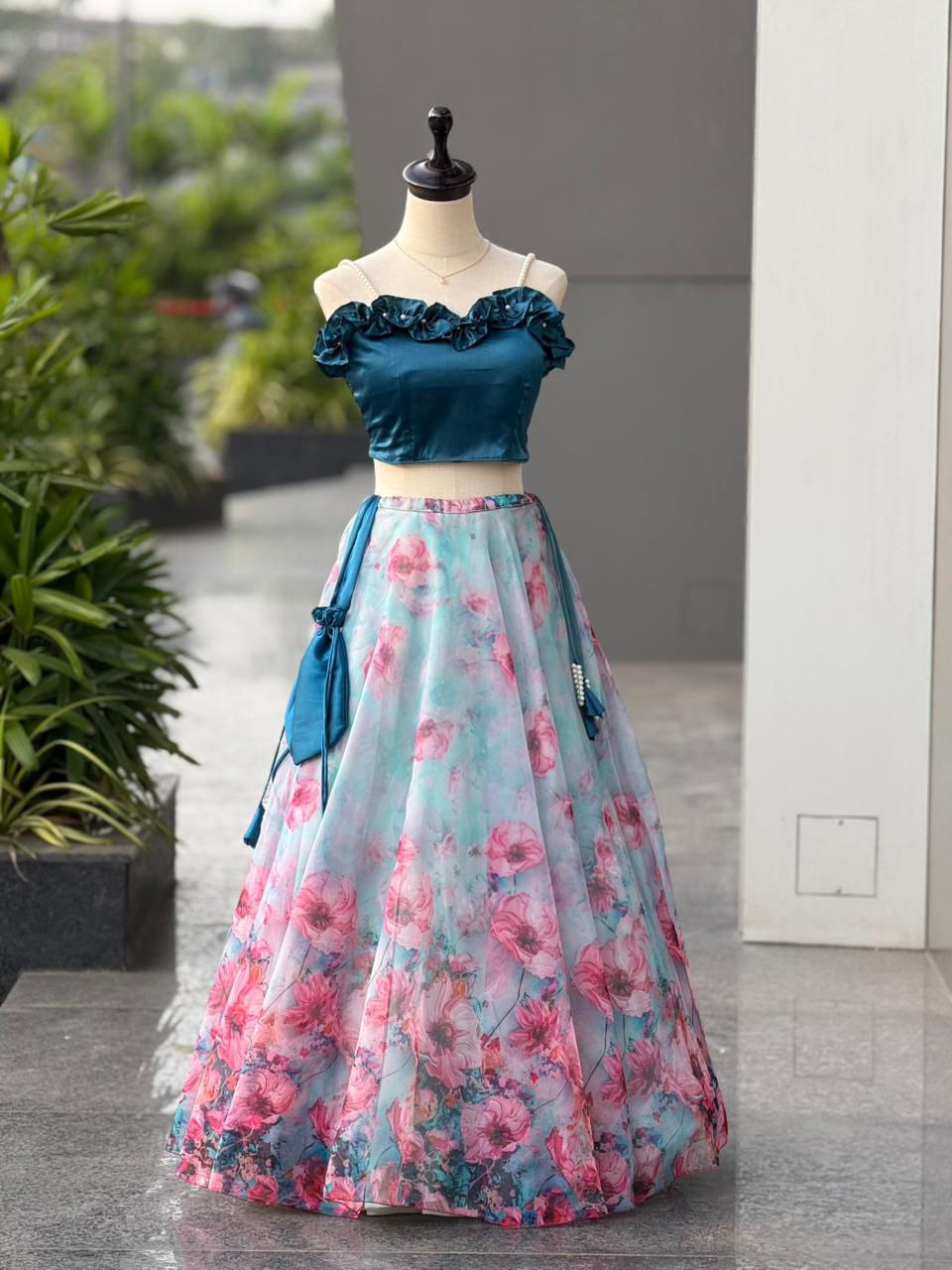 Wedding Wear Sky Blue Color Fully Stitched Lehenga Set With Batwa Bag