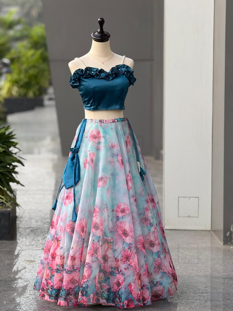 Wedding Wear Sky Blue Color Fully Stitched Lehenga Set With Batwa Bag