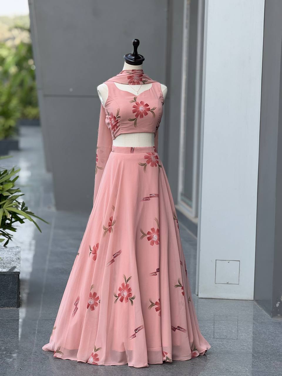 Lovely Pink Color Georgette Handpanited Lehenga Choli