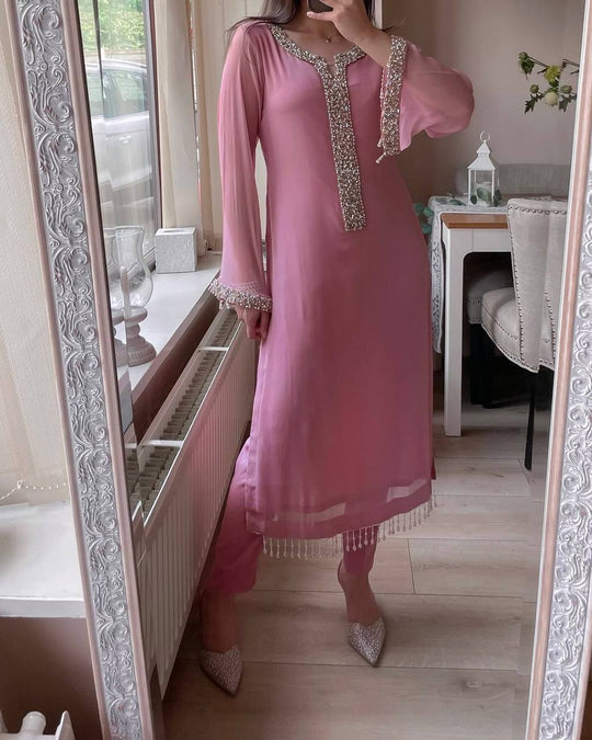Premium Fox Georgette Straight Suit Set with Real Moti Handwork Dupatta
