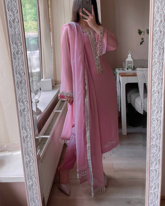 Premium Fox Georgette Straight Suit Set with Real Moti Handwork Dupatta