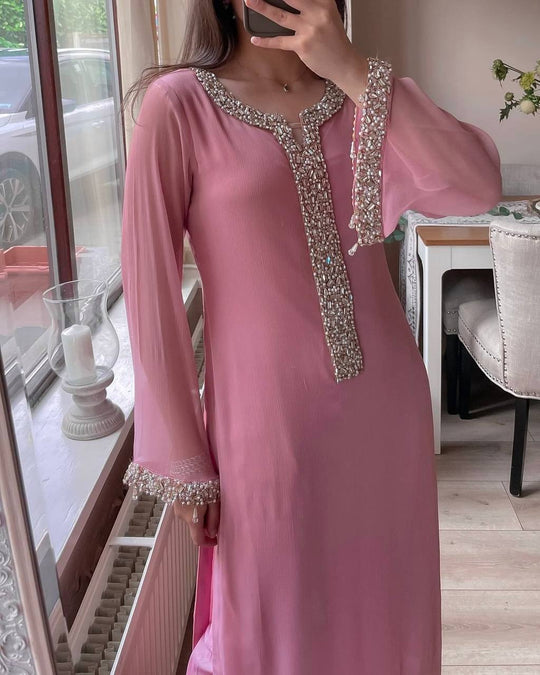 Premium Fox Georgette Straight Suit Set with Real Moti Handwork Dupatta