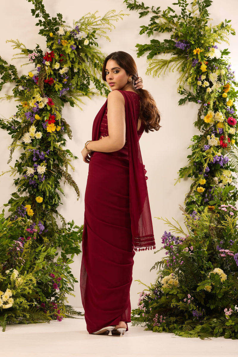 Wine Red Ready To Wear Saree With Sequins Blouse | Pre Draped Ready To Wear Saree For Wedding