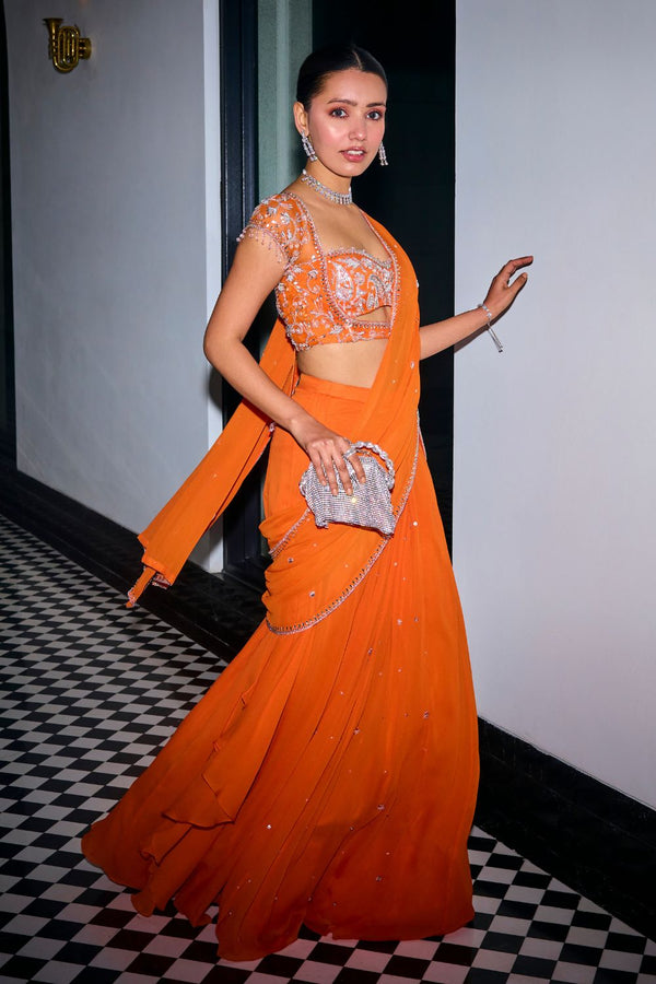 Wedding Wear Orange Ready To Wear Saree For Women | Wedding Outfits For Women