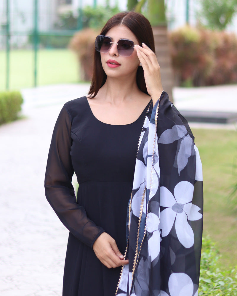 Black Color Soft Georgette Anarkali Gown For Women With Floral Printed Dupatta