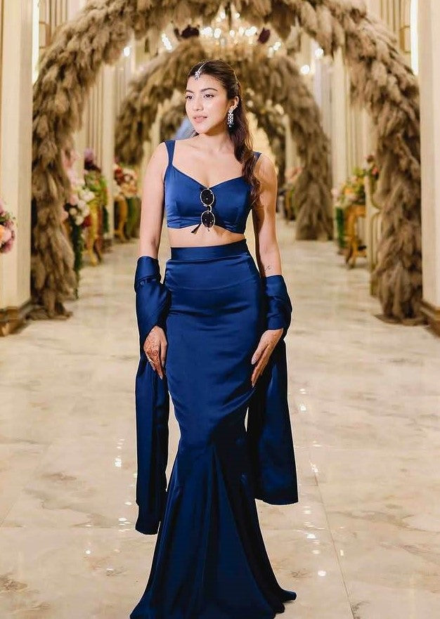 Y2K Fishtail 90s Blue Satin Silk Mermaid Fish Cut Lehenga | Cocktail Party & Sangeet Night Wear
