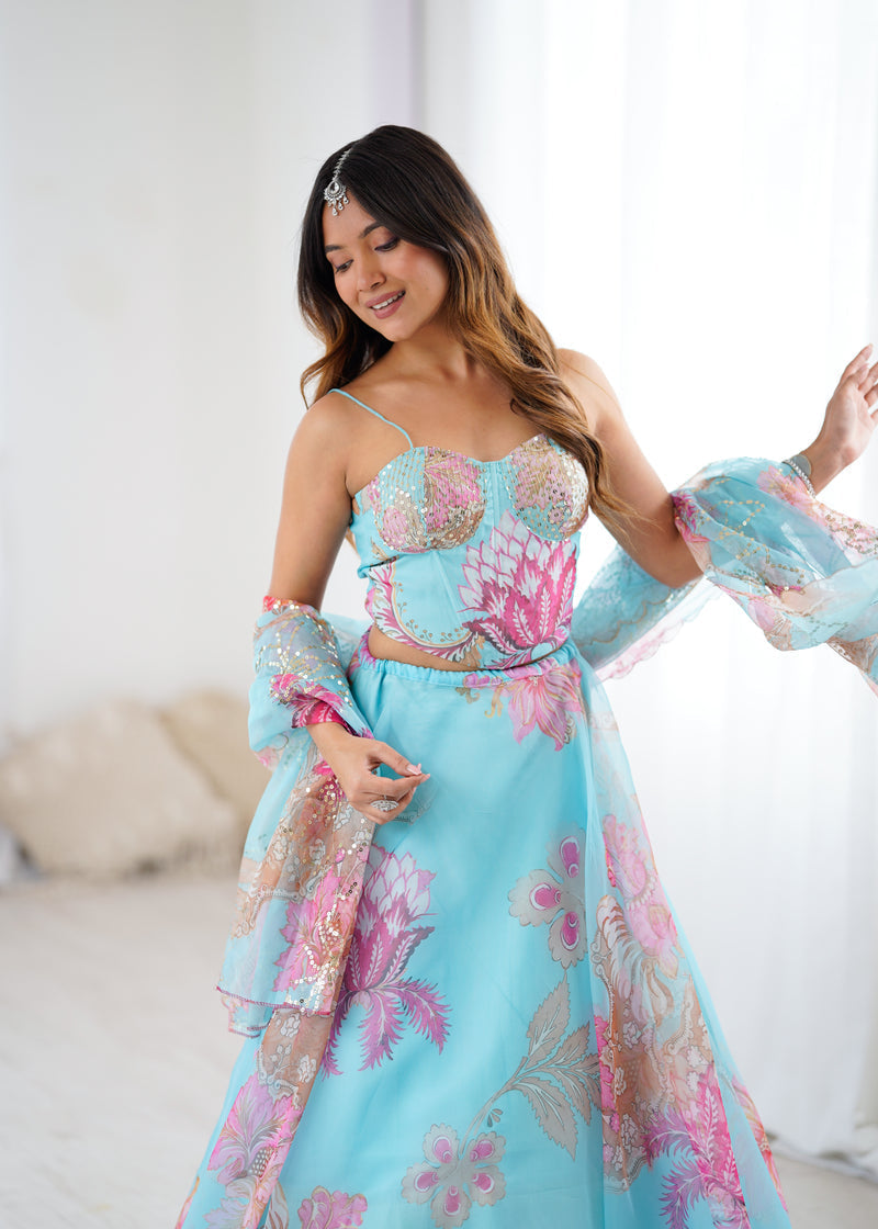 Modern Partywear Sky Blue Floral Full Stitched Lehenga Choli For Women | Mermaid Lehenga For Women