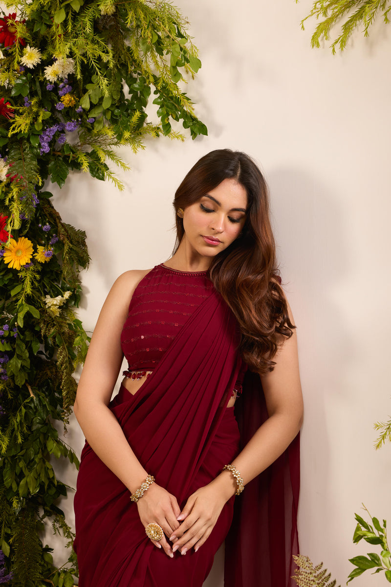 Wine Red Ready To Wear Saree With Sequins Blouse | Pre Draped Ready To Wear Saree For Wedding