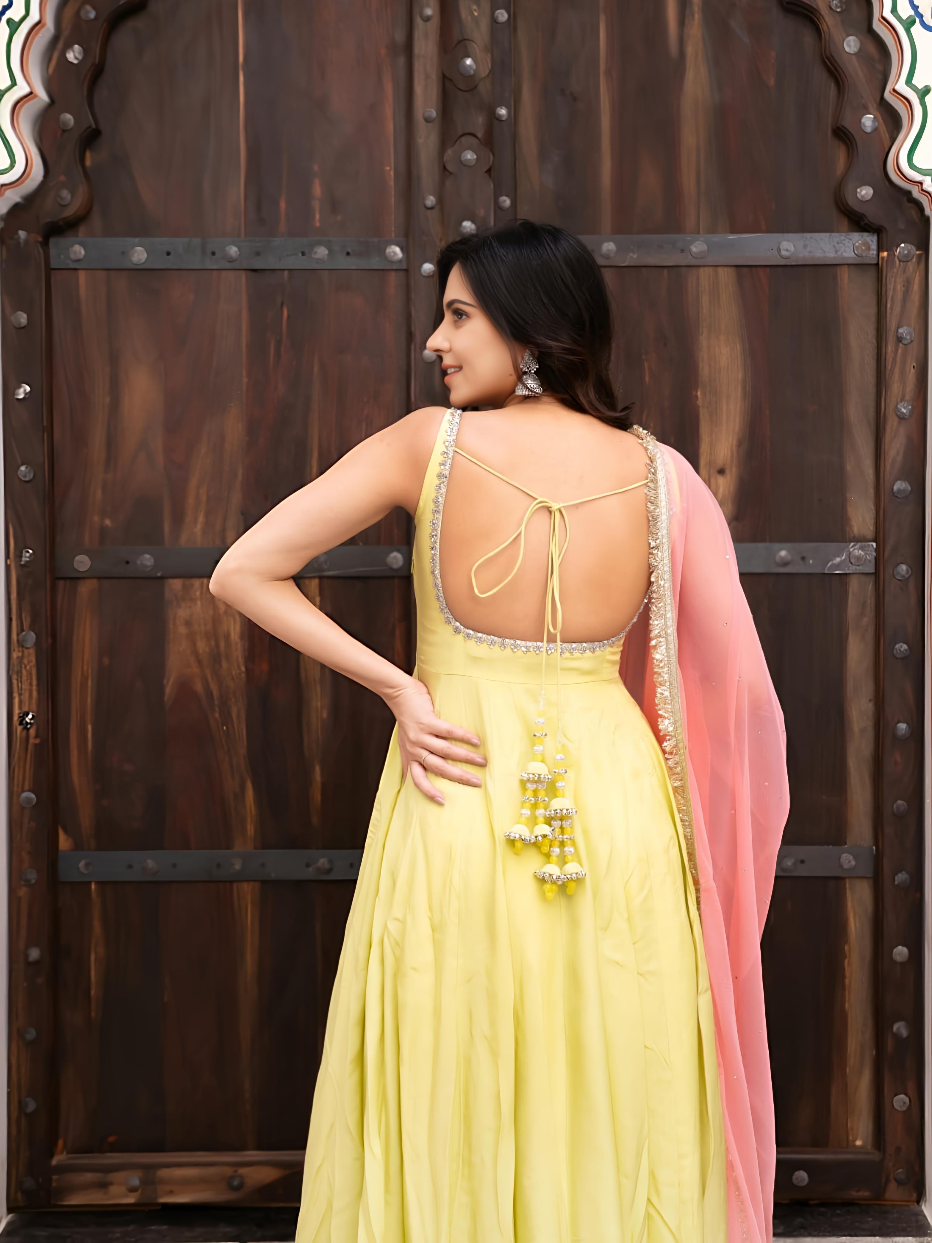 Sunshine Lemon Yellow Georgette Anarkali Suit Set with Embroidered Dupatta & Pant