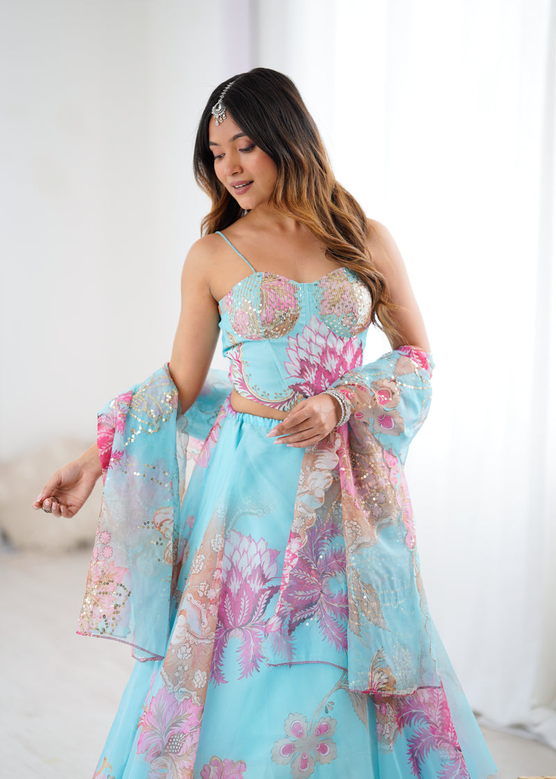 Modern Partywear Sky Blue Floral Full Stitched Lehenga Choli For Women | Mermaid Lehenga For Women