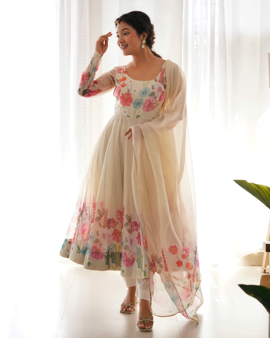 Digitally Printed & Embroidered Yoke Pure Soft Organza Anarkali Suit For Women