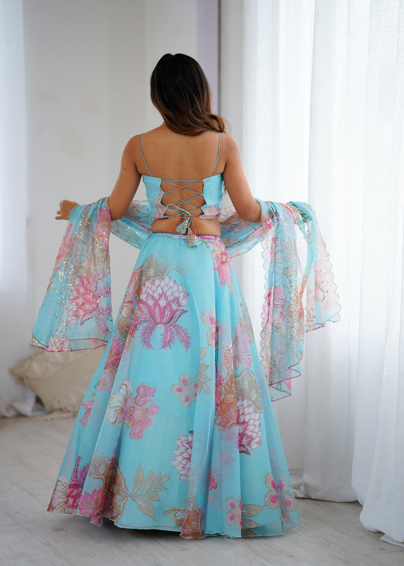 Modern Partywear Sky Blue Floral Full Stitched Lehenga Choli For Women | Mermaid Lehenga For Women