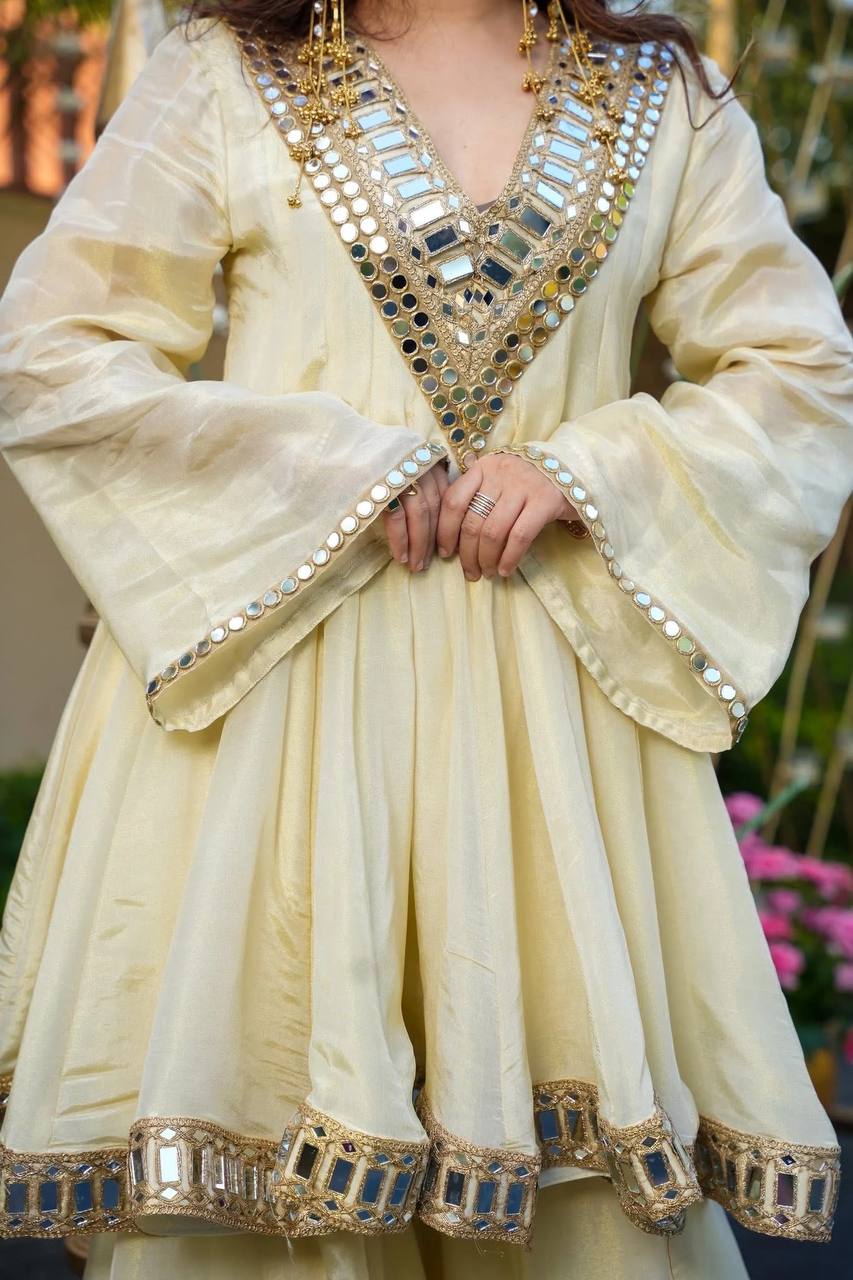 Ivory Mirror Work Anarkali Palazzo Set with Dupatta for Women | Festive & Wedding Wear