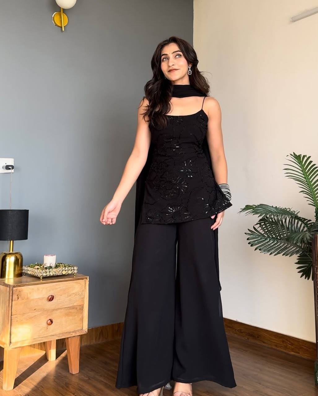 Party Wear Classic Black Cosmos Kurta Palazzo Set with Dupatta