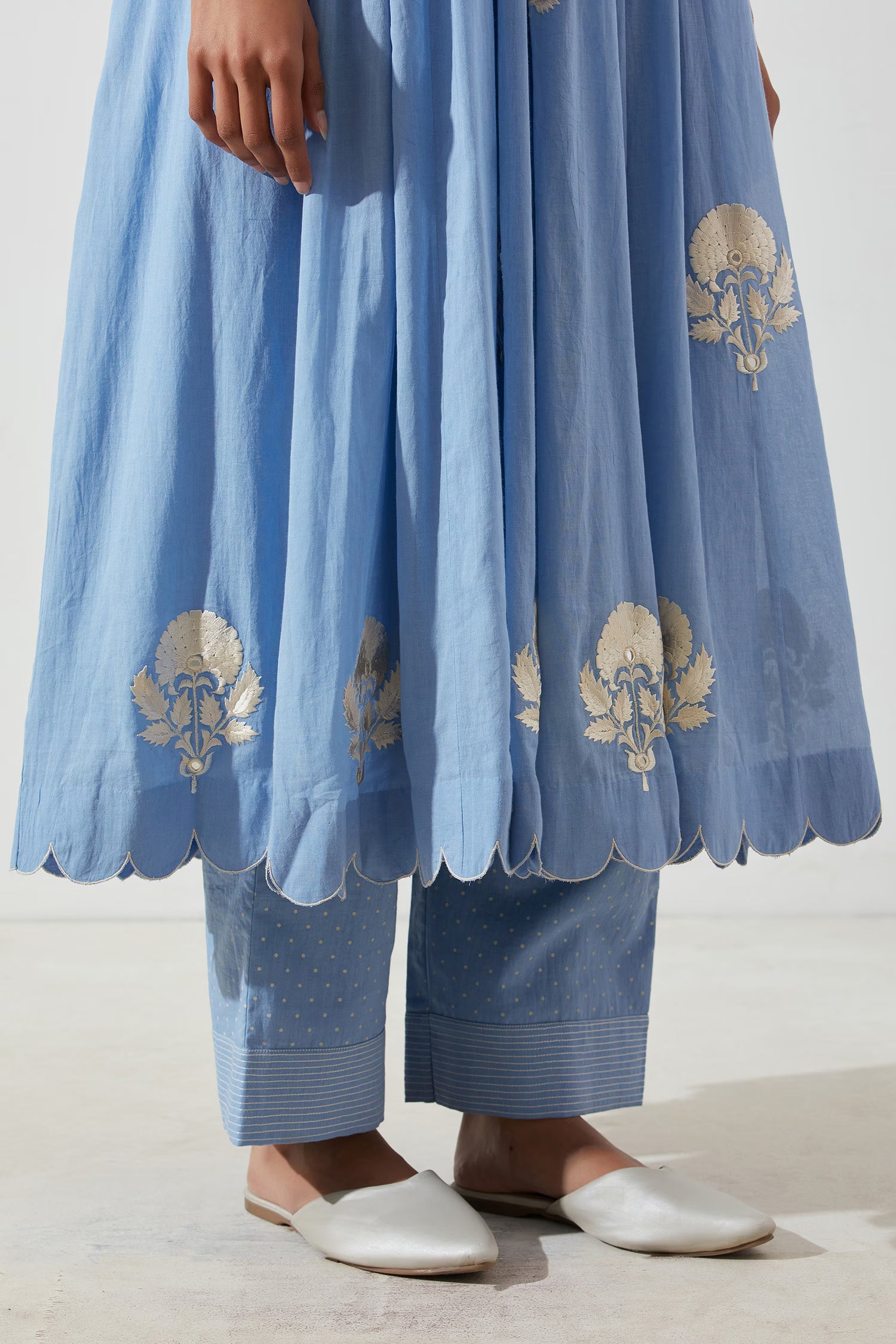 Blue Floral V Neck Mogra Embroidered Anarkali Suit With Pant Set | Anarkali Suit For Women
