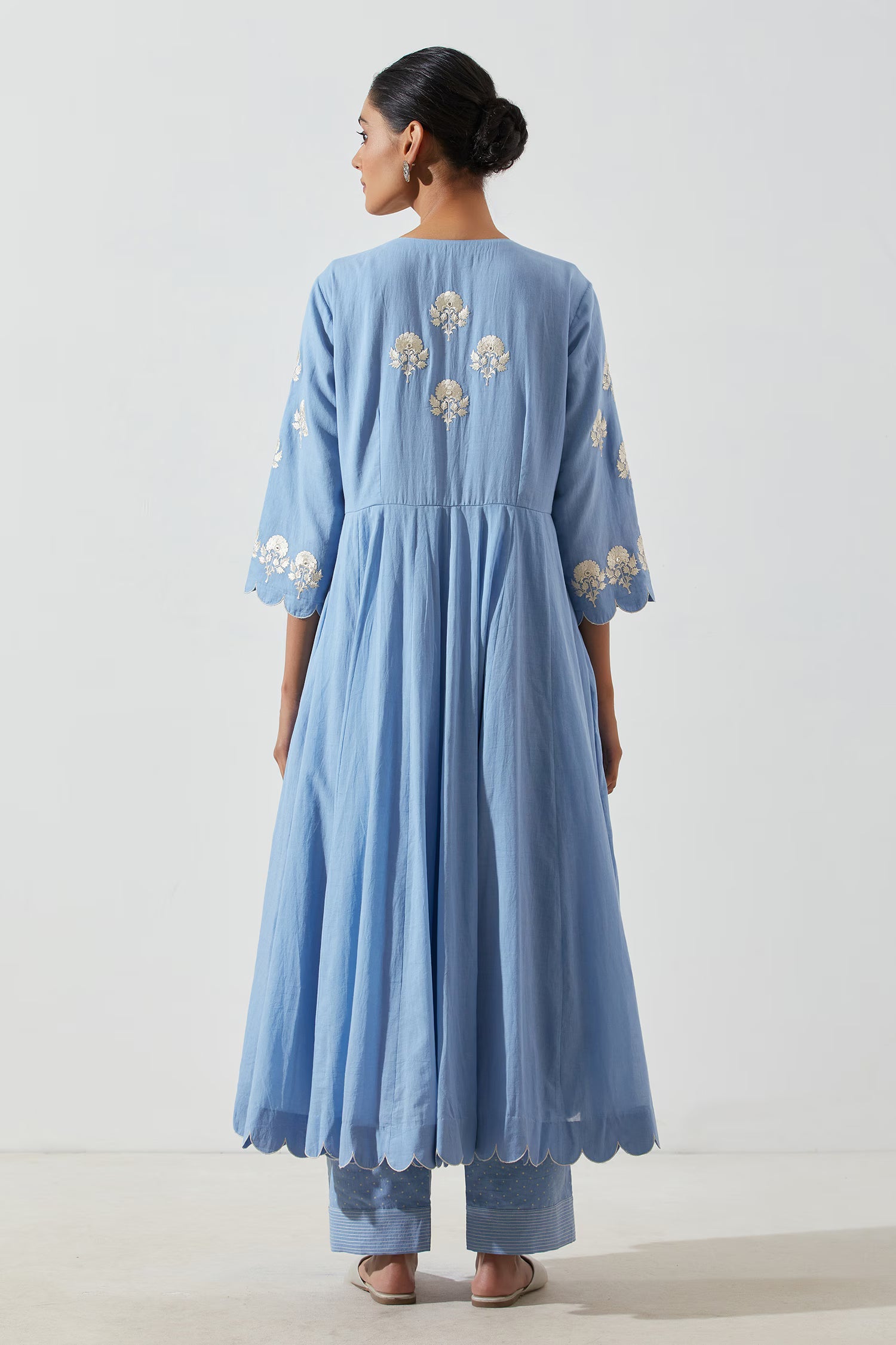 Blue Floral V Neck Mogra Embroidered Anarkali Suit With Pant Set | Anarkali Suit For Women