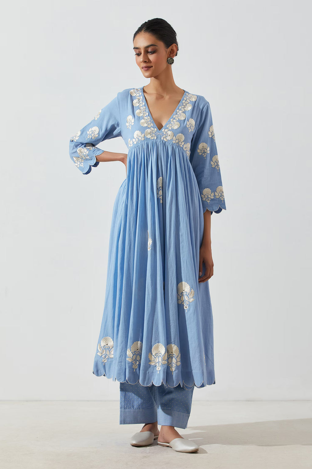 Blue Floral V Neck Mogra Embroidered Anarkali Suit With Pant Set | Anarkali Suit For Women