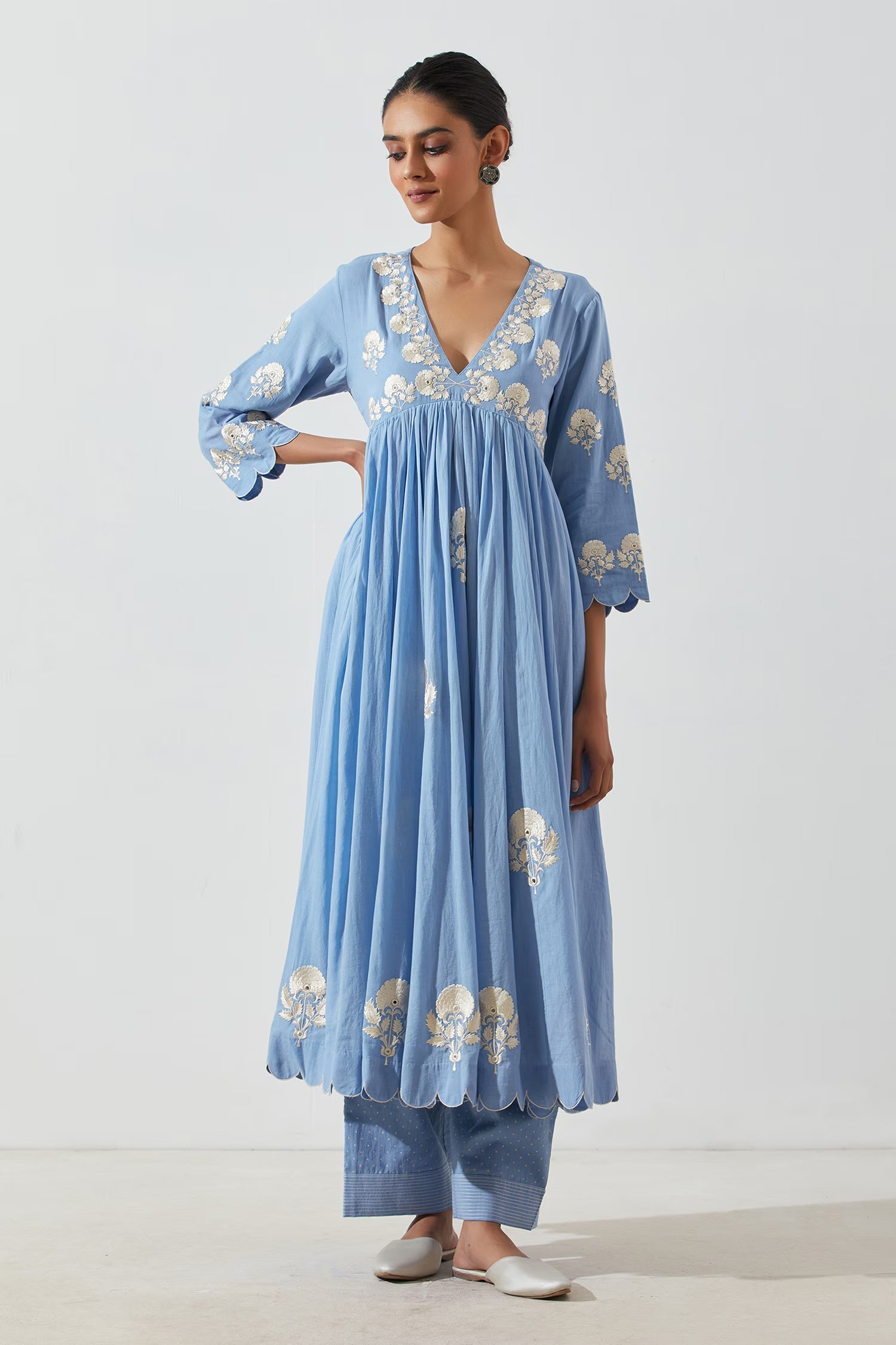 Blue Floral V Neck Mogra Embroidered Anarkali Suit With Pant Set | Anarkali Suit For Women